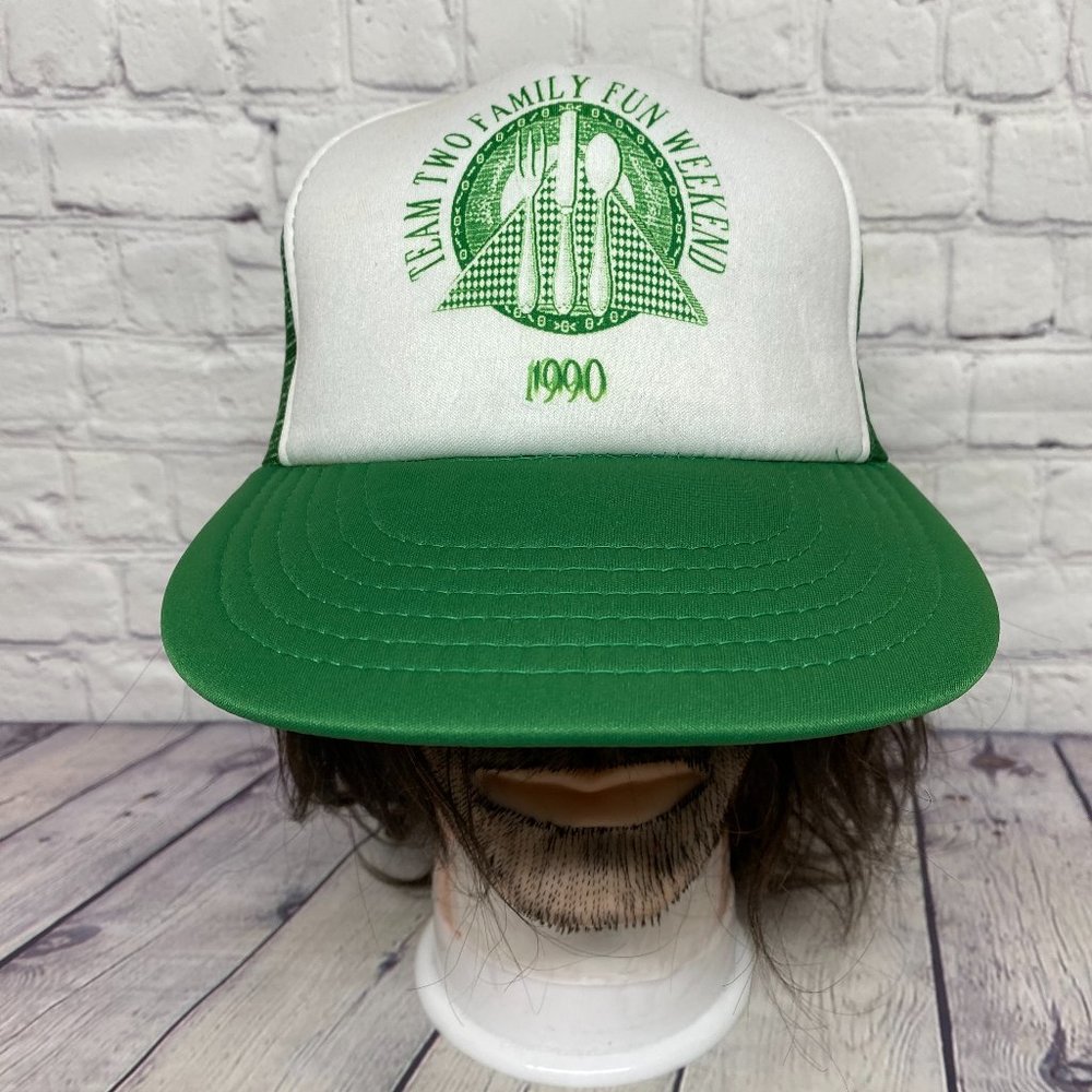 Vintage Trucker Hat Mesh Cap Snapback Green Team Two Family Fun Weekend 1990 90s